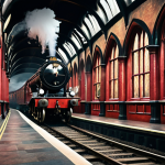 ** Hogwarts Express steam train departing Platform 9 3/4, vibrant magical atmosphere, Harry Potter theme.

**